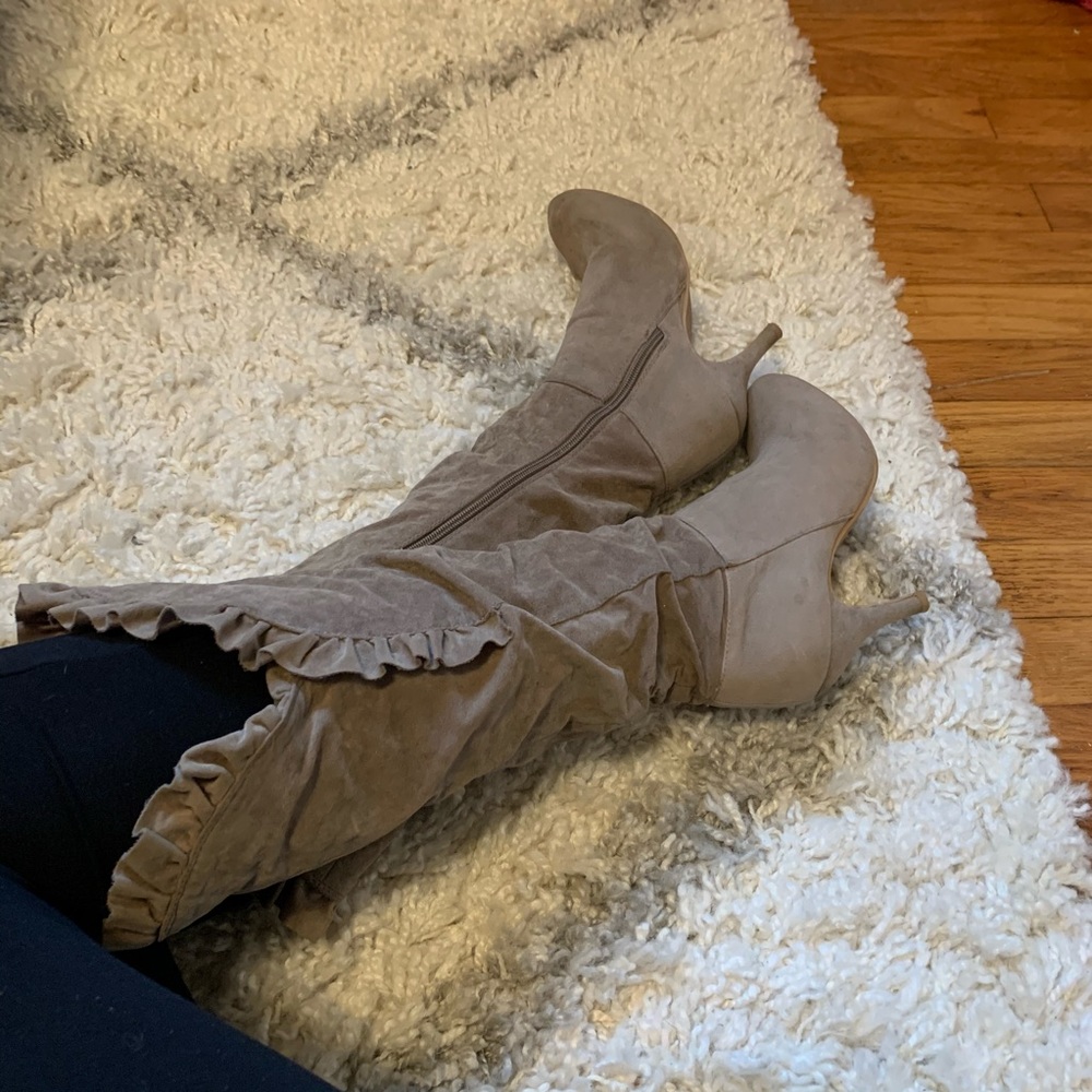 Tan Ruffle Knee High Heeled Boots